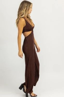 ENDLESS BLU NEW ARRIVALS CHOCOLATE HALTER TIE SLEEVELESS JUMPSUIT