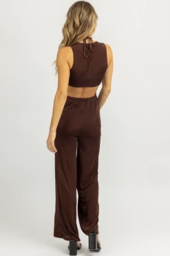 ENDLESS BLU NEW ARRIVALS CHOCOLATE HALTER TIE SLEEVELESS JUMPSUIT
