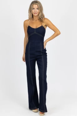 BLUE BLUSH DARK DENIM CHAIN STRAP JUMPSUIT *BACK IN STOCK* NEW ARRIVALS
