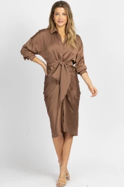 DO + BE DARK LATTE LONG SLEEVE COLLARED MIDI DRESS NEW ARRIVALS