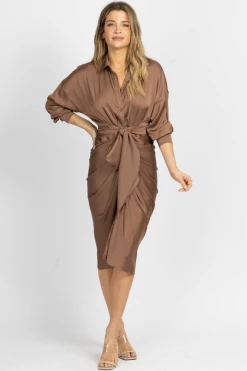 DO + BE DARK LATTE LONG SLEEVE COLLARED MIDI DRESS NEW ARRIVALS