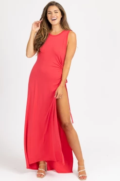 WINWIN APPAREL DEEP CORAL HIGH SLIT OPEN SIDE MAXI DRESS