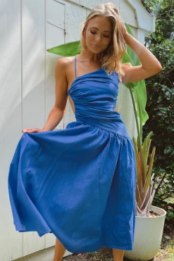 LUXXEL DEEP WATERS ASYMMETRIC RUCHE MIDI DRESS NEW ARRIVALS