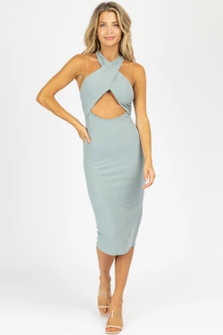 ENDLESS BLU DENIM GREY RIBBED CROSSOVER MIDI DRESS NEW ARRIVALS