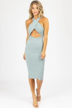 ENDLESS BLU DENIM GREY RIBBED CROSSOVER MIDI DRESS NEW ARRIVALS
