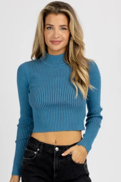 BLUE BLUSH DENIM TWO TONE RIBBED MOCK NECK SWEATER *BACK IN STOCK*