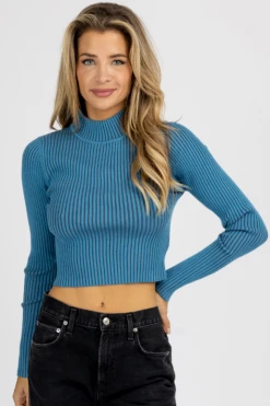 BLUE BLUSH DENIM TWO TONE RIBBED MOCK NECK SWEATER *BACK IN STOCK*
