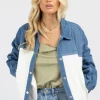 BLUE BLUSH DENIM + NEUTRAL COLOR BLOCK OVERSIZED JACKET NEW ARRIVALS