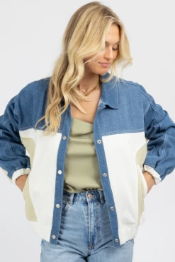BLUE BLUSH DENIM + NEUTRAL COLOR BLOCK OVERSIZED JACKET NEW ARRIVALS