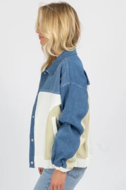 BLUE BLUSH DENIM + NEUTRAL COLOR BLOCK OVERSIZED JACKET NEW ARRIVALS
