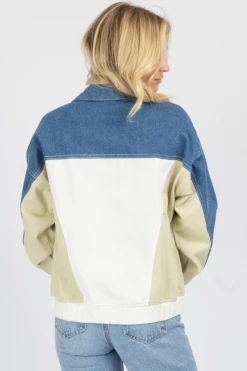 BLUE BLUSH DENIM + NEUTRAL COLOR BLOCK OVERSIZED JACKET NEW ARRIVALS