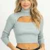 LE LIS NEW ARRIVALS DUSTY AQUA CUTOUT TURTLENECK SWEATER
