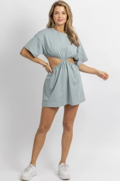 MABLE DUSTY BLUE CUTOUT SHORT SLEEVE MINI DRESS 10 MABLE DUSTY BLUE CUTOUT SHORT SLEEVE MINI DRESS