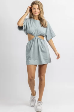 MABLE DUSTY BLUE CUTOUT SHORT SLEEVE MINI DRESS
