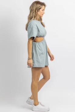 MABLE DUSTY BLUE CUTOUT SHORT SLEEVE MINI DRESS 12 MABLE DUSTY BLUE CUTOUT SHORT SLEEVE MINI DRESS