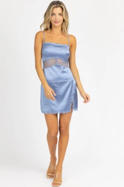 BLUE BLUSH DUSTY BLUE LACE TRIM SATIN MINI DRESS 8 BLUE BLUSH DUSTY BLUE LACE TRIM SATIN MINI DRESS