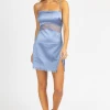 BLUE BLUSH DUSTY BLUE LACE TRIM SATIN MINI DRESS