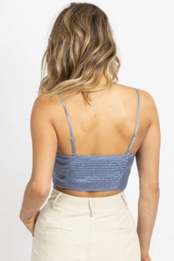HEY BABE DUSTY BLUE SATIN LACE CROP TANK