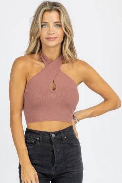 LE LIS DUSTY ROSE HALTERNECK KNIT CROP