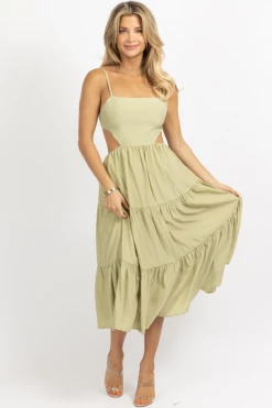 MABLE DUSTY SAGE TIERED BACKLESS MIDI DRESS