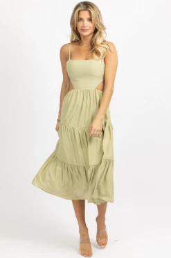 MABLE DUSTY SAGE TIERED BACKLESS MIDI DRESS