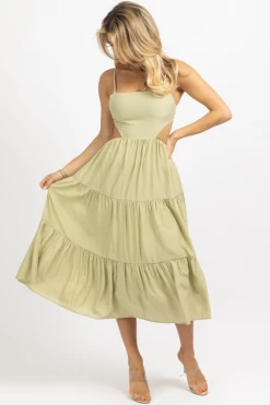 MABLE DUSTY SAGE TIERED BACKLESS MIDI DRESS