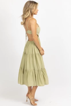 MABLE DUSTY SAGE TIERED BACKLESS MIDI DRESS