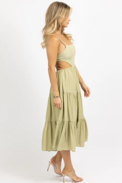 MABLE DUSTY SAGE TIERED BACKLESS MIDI DRESS