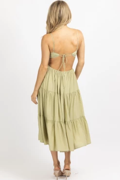 MABLE DUSTY SAGE TIERED BACKLESS MIDI DRESS
