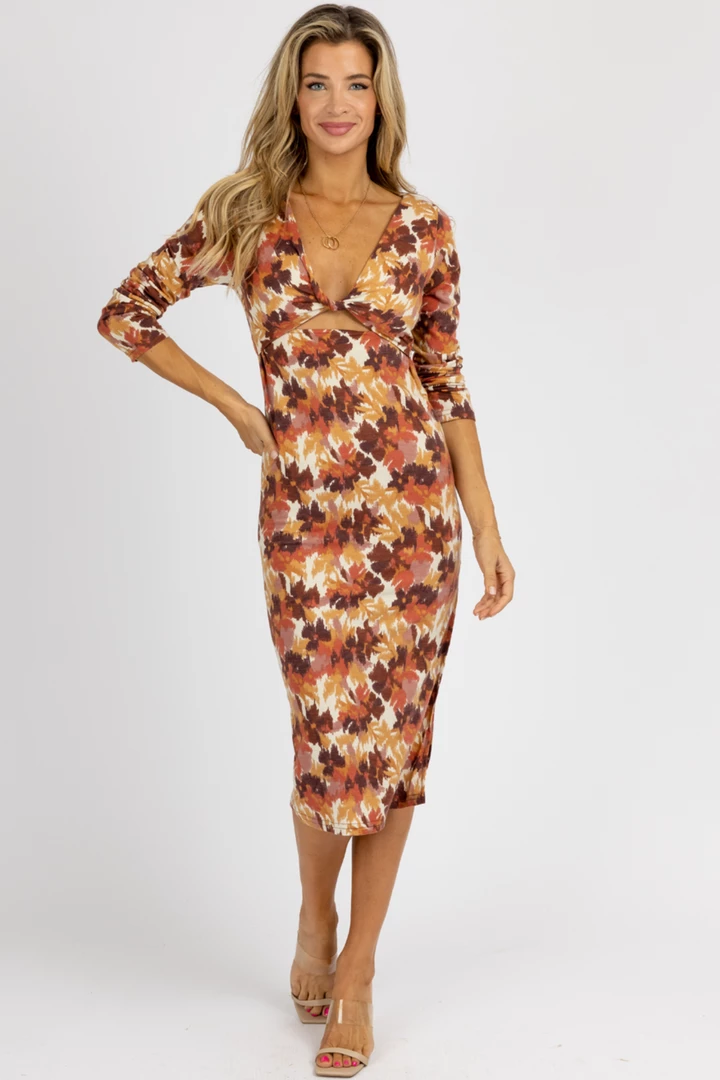 ENDLESS BLU ECRU BROWN MULTIPRINT FRONT TWIST MIDI DRESS NEW ARRIVALS 4 ENDLESS BLU ECRU BROWN MULTIPRINT FRONT TWIST MIDI DRESS NEW ARRIVALS