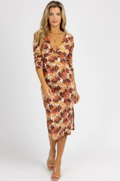 ENDLESS BLU ECRU BROWN MULTIPRINT FRONT TWIST MIDI DRESS NEW ARRIVALS
