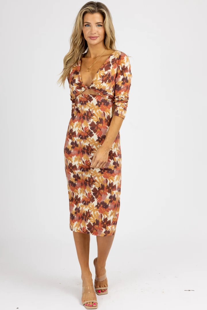 ENDLESS BLU ECRU BROWN MULTIPRINT FRONT TWIST MIDI DRESS NEW ARRIVALS 1 ENDLESS BLU ECRU BROWN MULTIPRINT FRONT TWIST MIDI DRESS NEW ARRIVALS