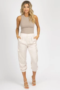 DO + BE CLOTHING ECRU FLAP POCKET PANTS