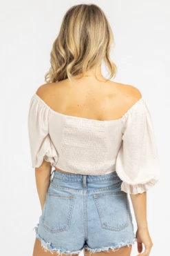 SHE & SKY ECRU SATIN CINCH TIE FRONT TOP