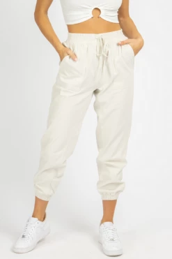 SHE & SKY CLOTHING ECRU WOVEN TWILL POCKET JOGGERS