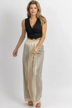 DO + BE NEW ARRIVALS ECRU + BLACK GEO-STRIPED WIDE PANTS