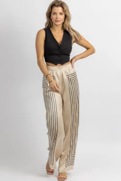 DO + BE NEW ARRIVALS ECRU + BLACK GEO-STRIPED WIDE PANTS