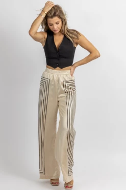 DO + BE NEW ARRIVALS ECRU + BLACK GEO-STRIPED WIDE PANTS