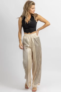 DO + BE NEW ARRIVALS ECRU + BLACK GEO-STRIPED WIDE PANTS