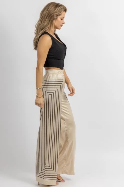 DO + BE NEW ARRIVALS ECRU + BLACK GEO-STRIPED WIDE PANTS
