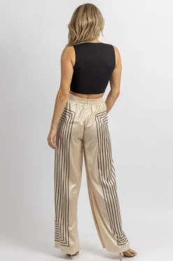 DO + BE NEW ARRIVALS ECRU + BLACK GEO-STRIPED WIDE PANTS