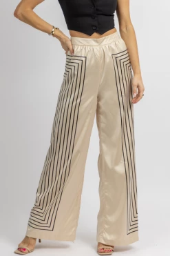 DO + BE NEW ARRIVALS ECRU + BLACK GEO-STRIPED WIDE PANTS