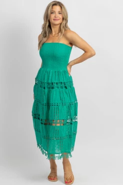 STRUT AND BOLT NEW ARRIVALS EMERALD EYELET LACE TUBE MIDI DRESS