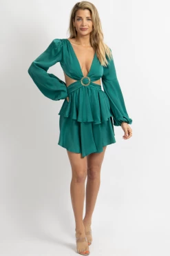 LUXXEL TEAL GREEN RUFFLED LONG SLEEVE MINI DRESS