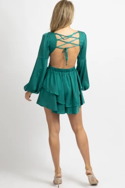 LUXXEL TEAL GREEN RUFFLED LONG SLEEVE MINI DRESS