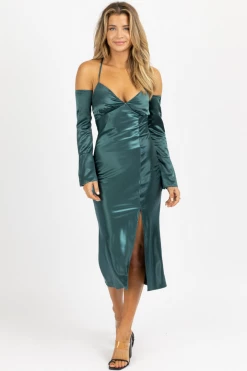 EMORY PARK SATIN MAXI DRESS W/ LONG CUFF-SLEEVE IN EMERALD NEW ARRIVALS