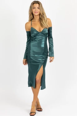 EMORY PARK SATIN MAXI DRESS W/ LONG CUFF-SLEEVE IN EMERALD NEW ARRIVALS