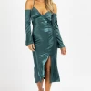 EMORY PARK SATIN MAXI DRESS W/ LONG CUFF-SLEEVE IN EMERALD NEW ARRIVALS
