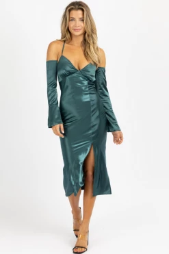 EMORY PARK SATIN MAXI DRESS W/ LONG CUFF-SLEEVE IN EMERALD NEW ARRIVALS