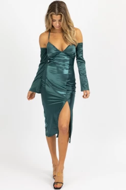 EMORY PARK SATIN MAXI DRESS W/ LONG CUFF-SLEEVE IN EMERALD NEW ARRIVALS